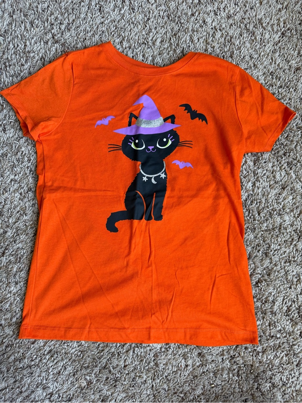 NWOT Girls' Orange Halloween Black Cat Tee with Purple Witch Hat Girls 10-12
